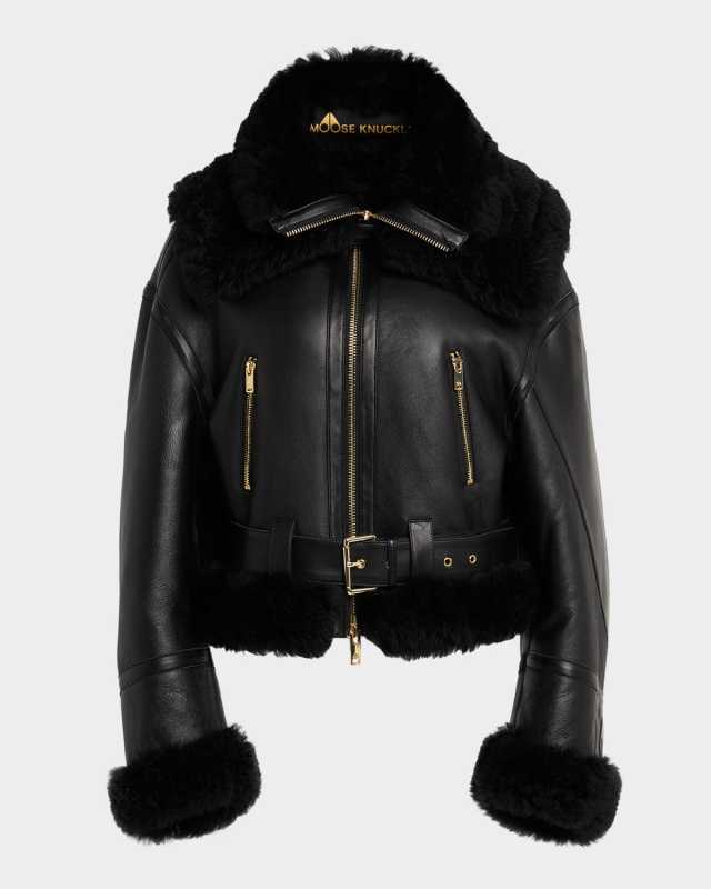 MTD Leather Biker Jacket with Shearling Trim